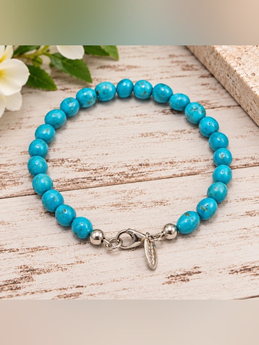 Turquoise Beaded Sterling Silver 925 Bracelet – 8"
